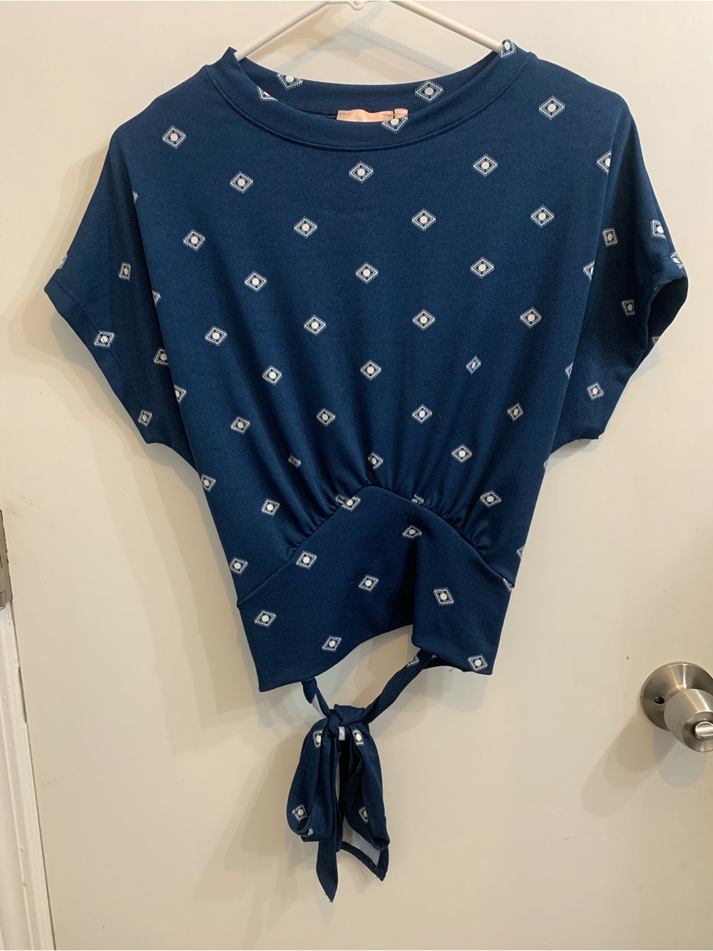 Willow and Root Navy Blue Tie-Back Crop Top with Diamond Print